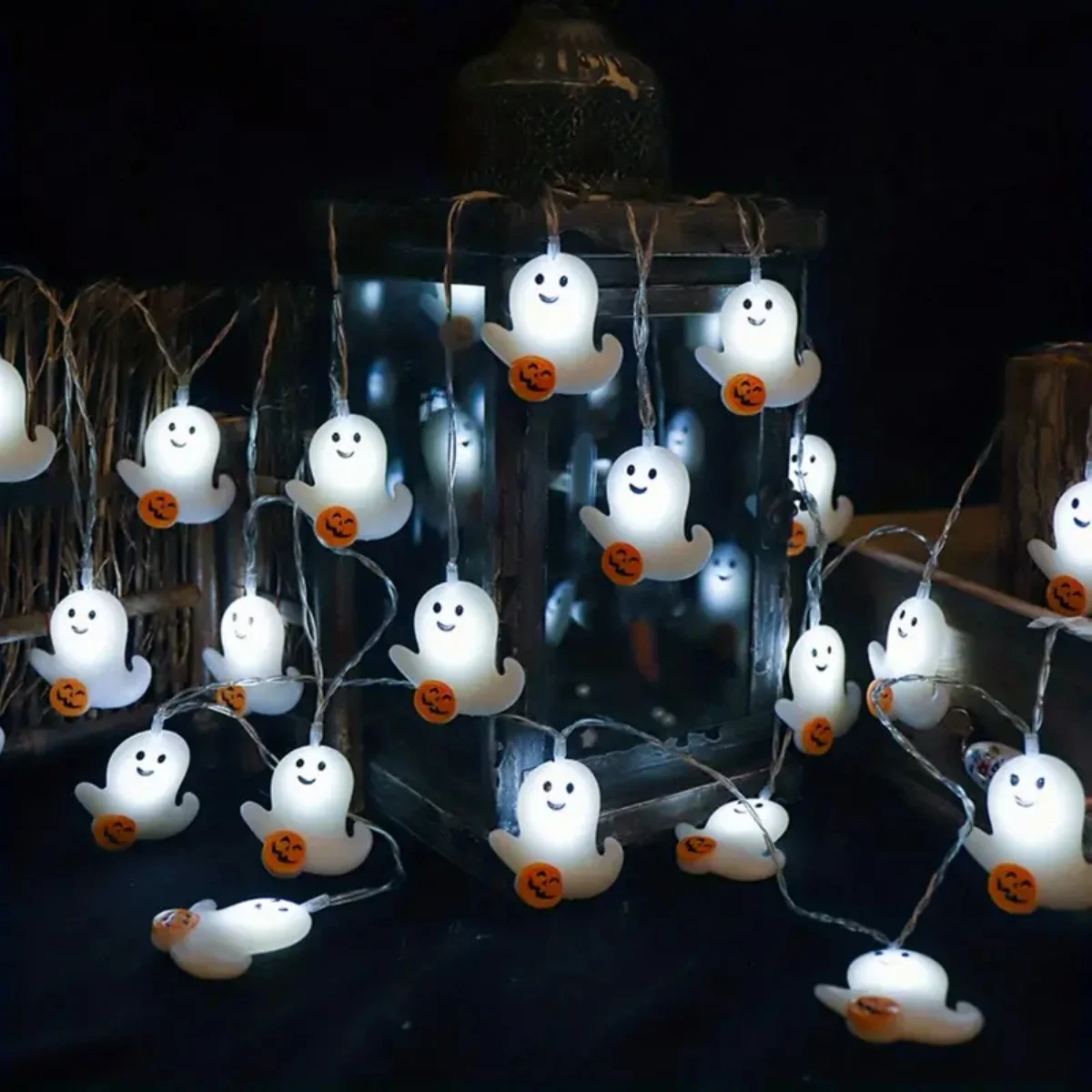 1PC 10/20LED Halloween Battery Powered Mini Ghost String Lights Scary Atmosphere Lamp Perfect For Bedroom Theme Party Home Decor