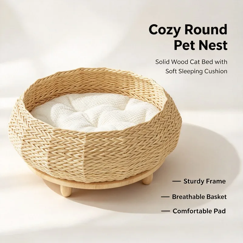 Woven Wooden Cat Bed, Round Pet Sleeping Cushion, Solid Wood Frame Cat Nest for Cats Small Dogs