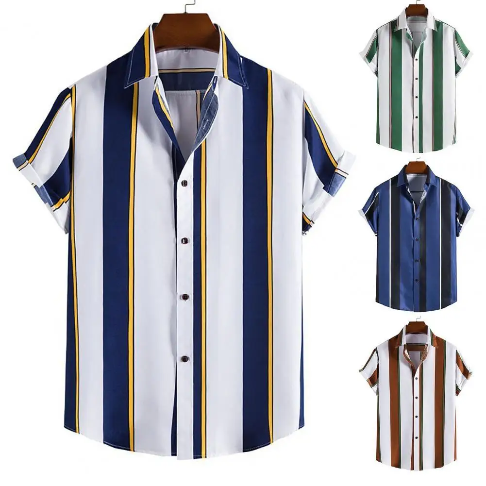 

Turn-Down Collar Short Sleeve Men Shirt Buttons Closure Striped Print Men Beach Top Streetwear