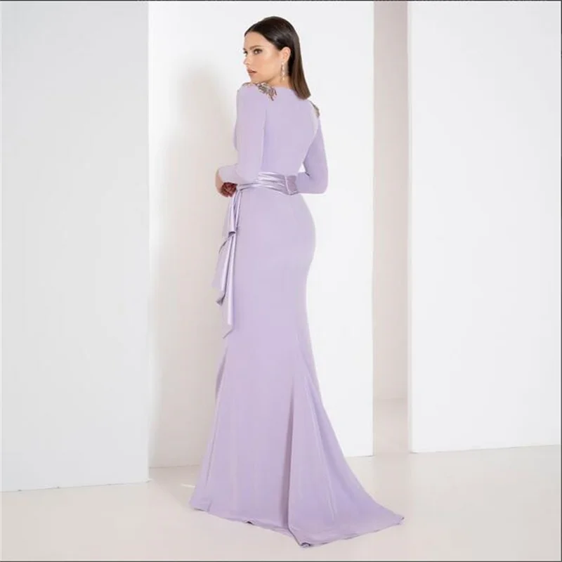 MULONG Purple Long Sleeve Mom Of The Bride Dress With Belt Mermaid V Neck Mother Of The Bride Dress Plus Size