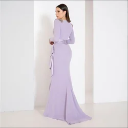 Vestido de manga larga para madre de la novia, traje morado MULONG con cinturón, cuello en V de sirena, talla grande