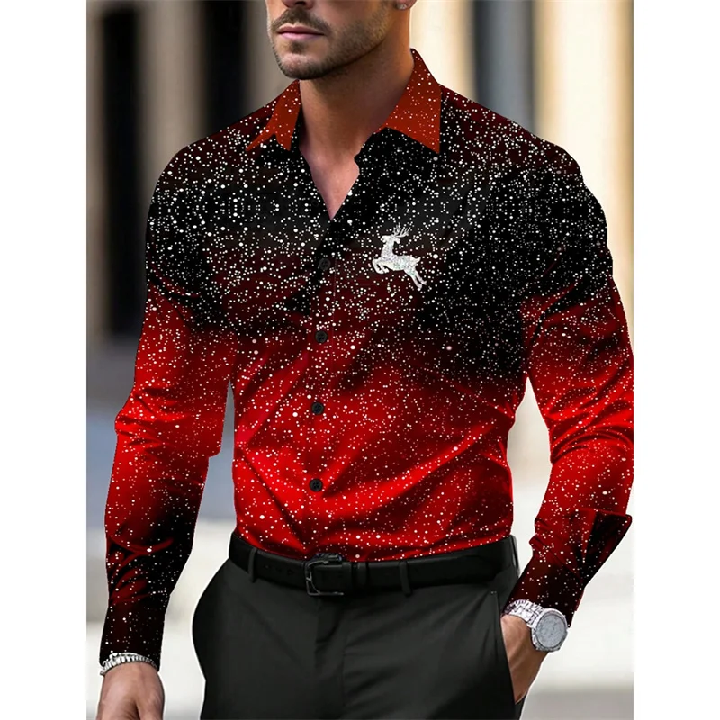 3D Printed Colorful Snowflake Hawaiian Shirts For Men Christmas Tree Pattern Aloha Shirts Loose Long Sleeve Lapel Tops Blouse