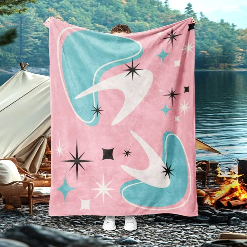 Mid Century Pink Base Turquoise Abstract Star Shape Print Flannel Blanket Soft Throw Sofa Bedroom Indoor Daily Home Warm Gift