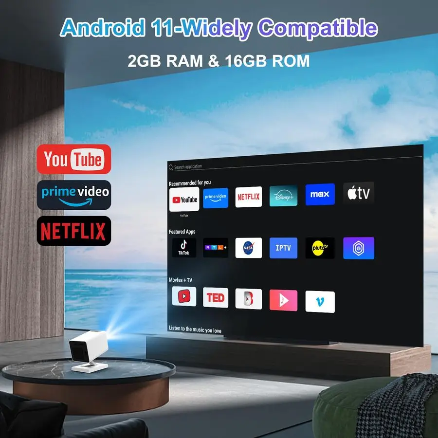 Projector with WiFi and BluetoothOutdoor Portable Projector 1080P 4K SupportSmart Projector with Auto Keystone CorrectionHome Mo