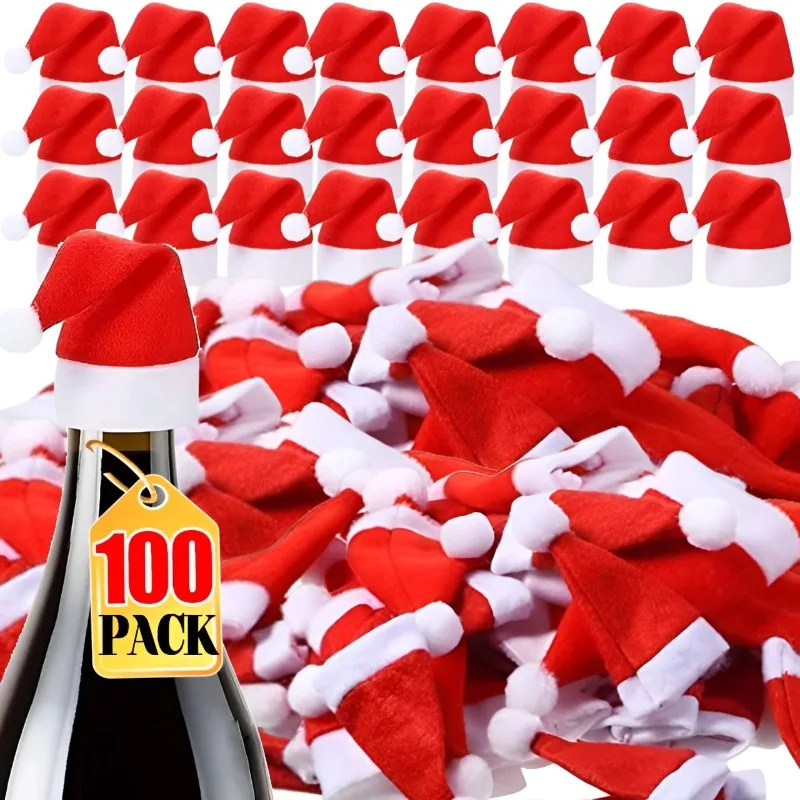 

Mini Santa Hats Wine Bottles Cover Non-Woven Fabric Wine Bottles Bag Fork Knife Cutlery Bag New Year Party Dinner Table Decors