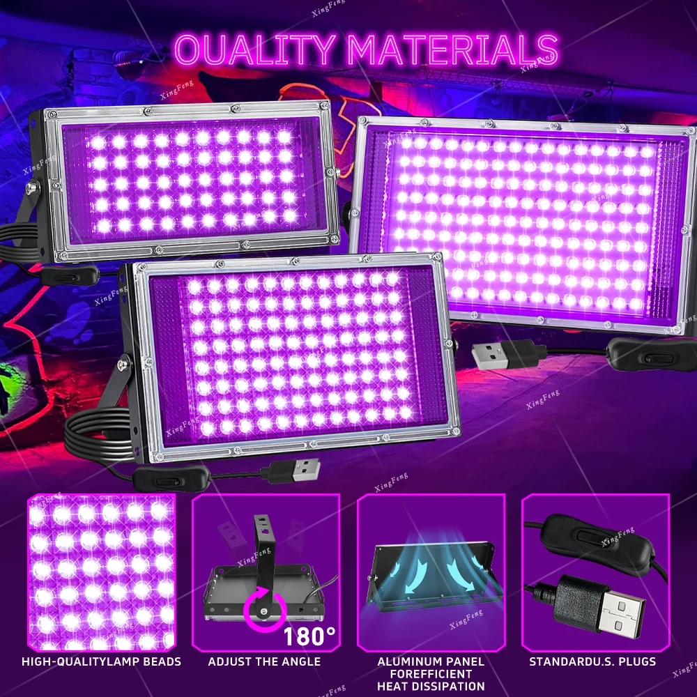 Lampu Hitam LED 50/96/144, Colokan USB 5V, dengan Sakelar/Bingkai Logam, Cocok untuk Prom, Pesta Neon, Halloween, Lukisan Tubuh