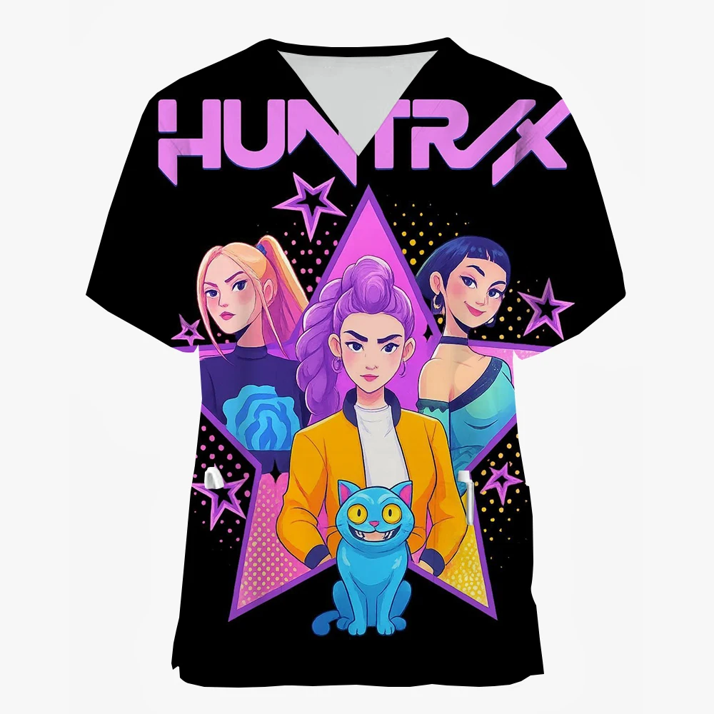 

Hot-selling summer women's pet doctor medical V-neck work uniform KPop Demon Hunters print frosted short-sleeved nurse uniform
