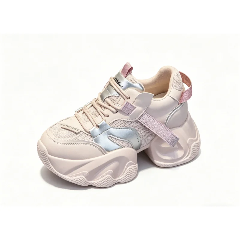 

High Quality Genuine Leather 8CM Height Increasing PU Sole Chunky Sneakers For Women 2026 Spring Breathable Casual Sports Shoes