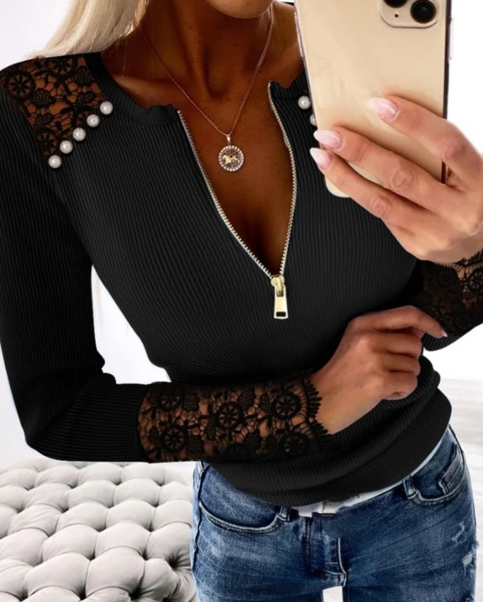 

Color blocked lace bead round neck long sleeved front zipper knitted pullover for women's fashionable casual top