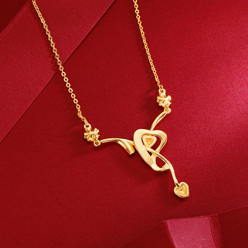 24k real gold 9999 Small niche design, high-end feeling, heart to heart matching collarbone chain necklace pendant for women