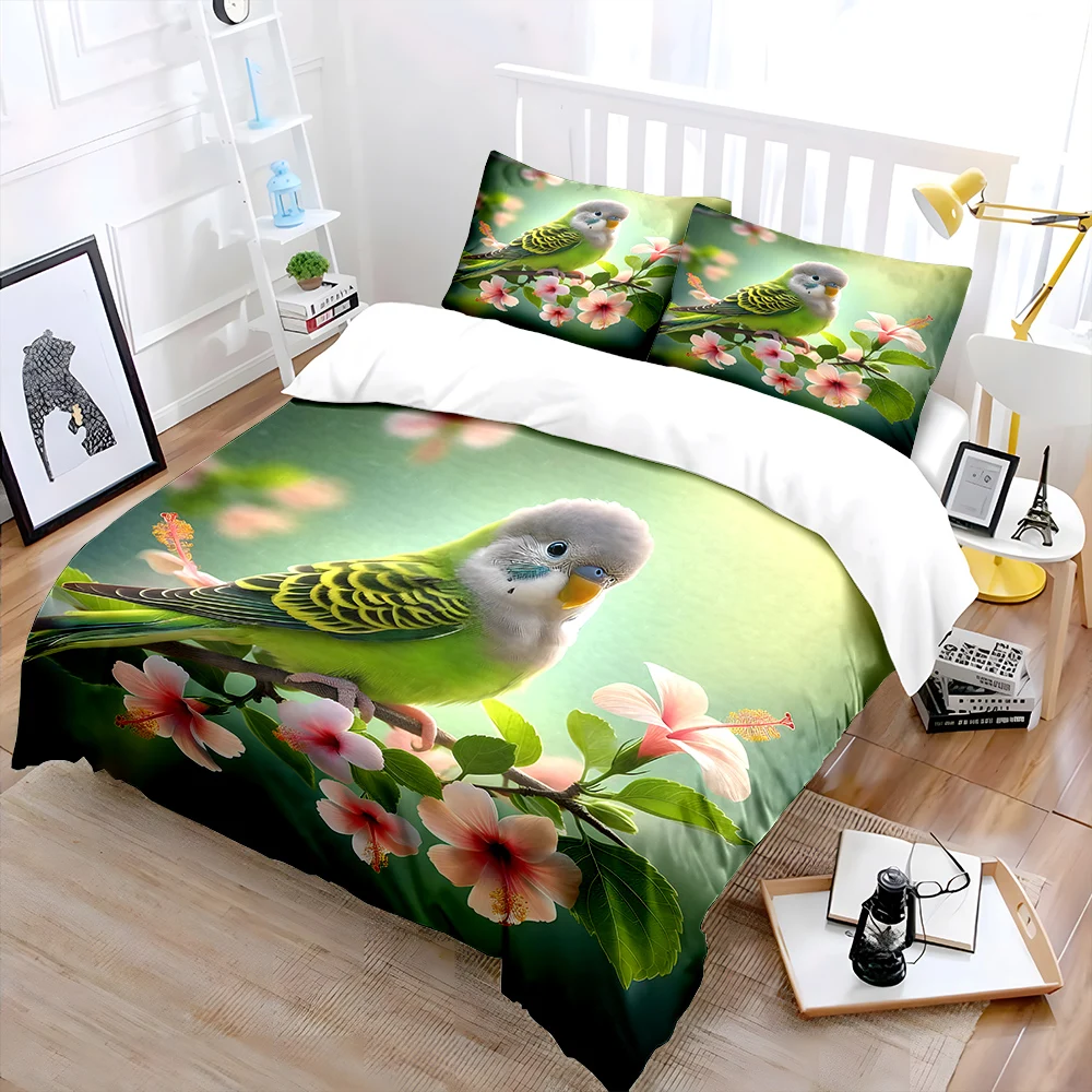 Green parrot on floral branch Print Soft Comfortable Duvet Cover Bedding Set Included 1*Duvet Cover  2*Pillowcases for gifts