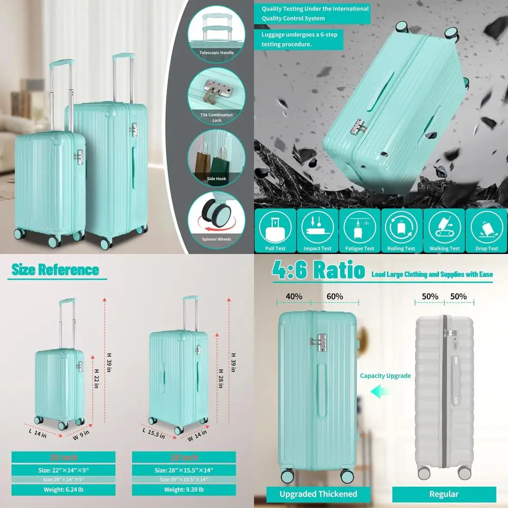 Mint Green 20 & 28 ABS+PC Luggage Set with TSA Lock, Dual Zipper & Mesh Lining
