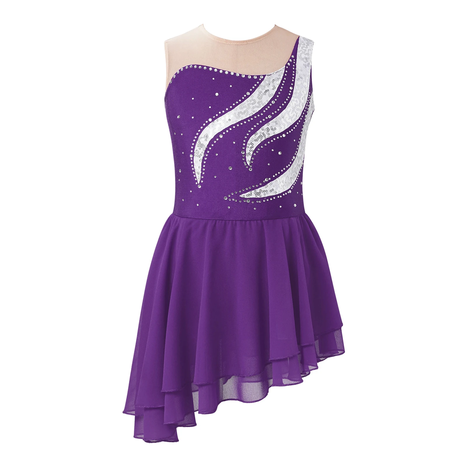 Kids Girls Ice Skating Clothes Sleeveless Gymnastics Leotard Sequins Rhinestone Dancing Clothing Teens Figure Skating Dress