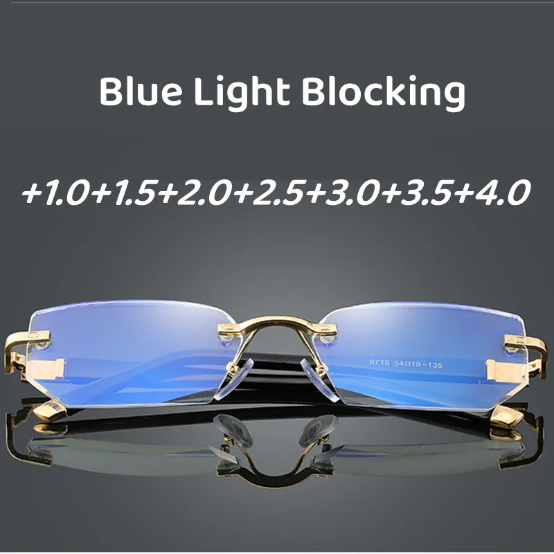 

Men Women Ultralight Rimless Reading Glasses Business Anti-Blue-Ray Computer Eyegllasses Crystal Cut Edge Presbyopia Eyewear