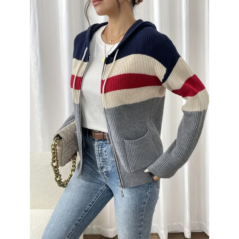 

Color Block Zip Hoodie Double Zipper Open Cardigan Women's Knitted Sweater Spring 2026 Fashion Ladies' Premium Apparel