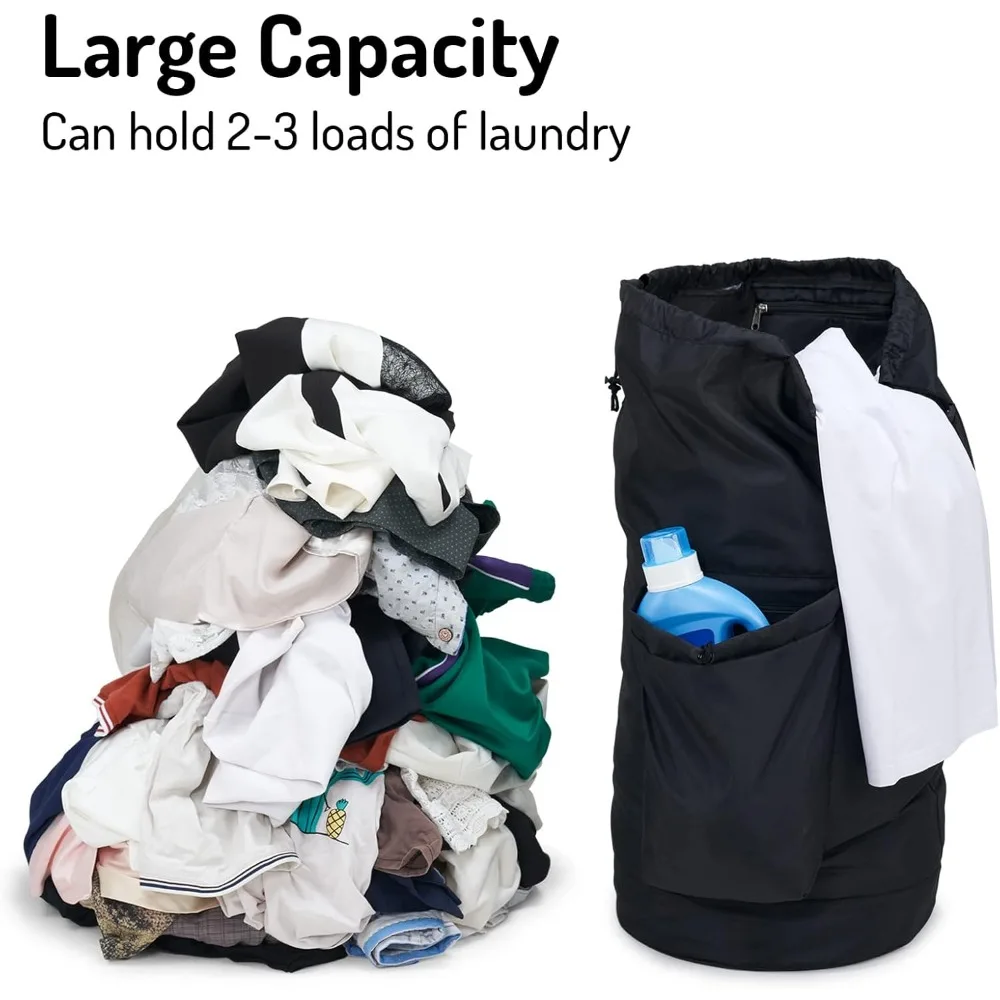 حقيبة ظهر غسيل، حقيبة غسيل ملابس متسخة للسفر مع أشرطة كتف لغرفة النوم الجامعية (أسود) #5