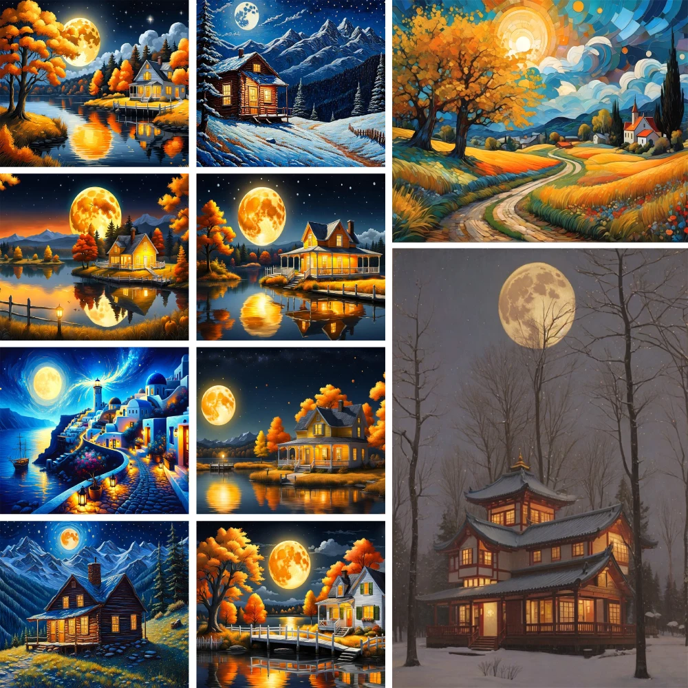 

Landscape Moon Night Printed Fabric 11CT Cross Stitch Kit Embroidery Hobby Handicraft Painting Knitting Counted Different Floss