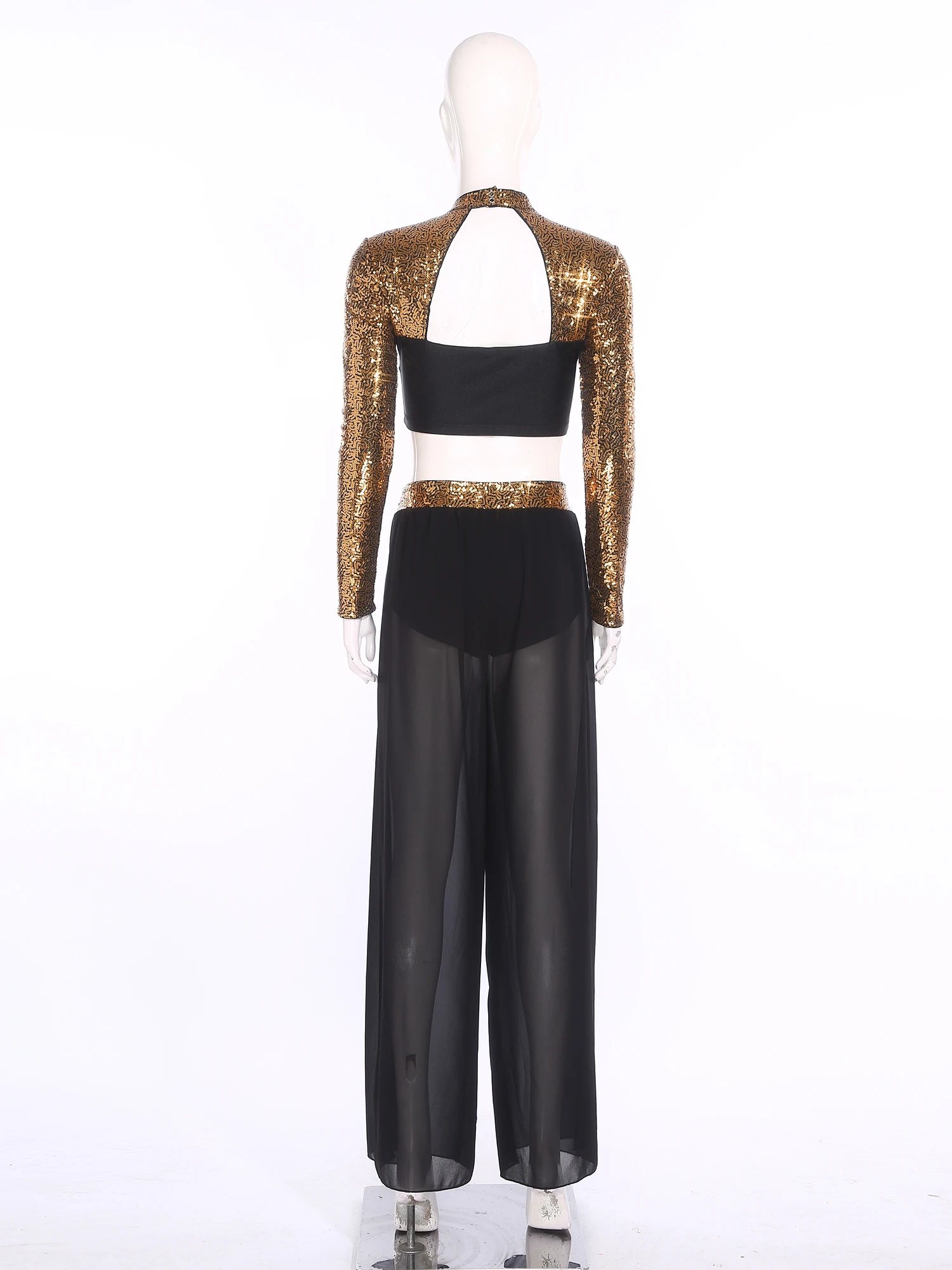 Feminino conjunto de dança lírica ballet jazz dança latina traje manga longa lantejoulas colheita superior com malha pura fenda lateral calças de dança outfit