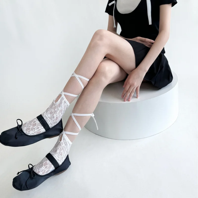 

Летние нишевые кружевные носки до середины икры для девочек с галстуком, тонкие сетчатые однотонные полые короткие носки в японском стиле Лолиты