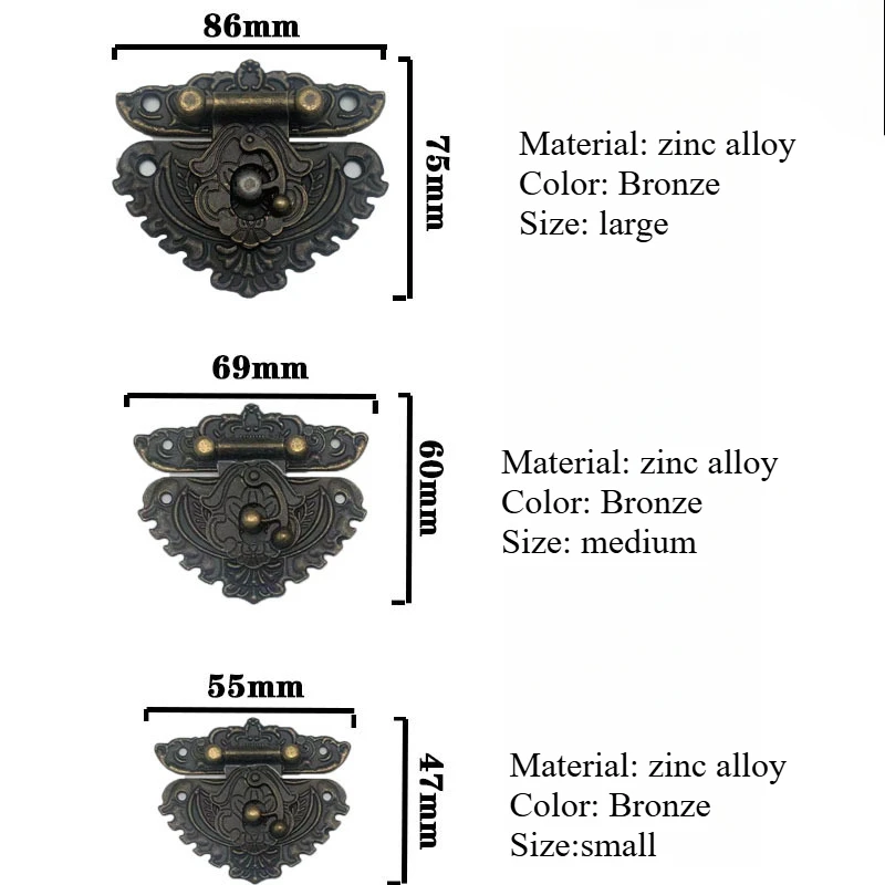 3pcs/set Antique Bronze Padlock Wood Box Latch Hasp+Suitcase Cabinet Hinge Furniture Decorative Hardware Retro