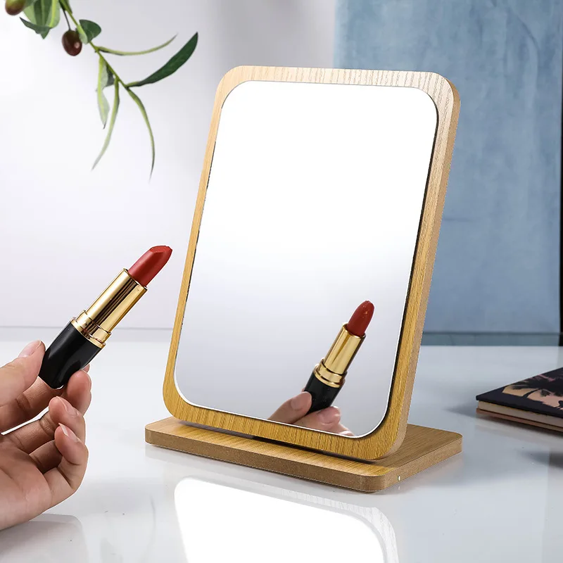 Wooden Desk Mirror Swivel Single-Sided Makeup Table Mirror Portable Removable Countertop Private Room High-Definition Make Up