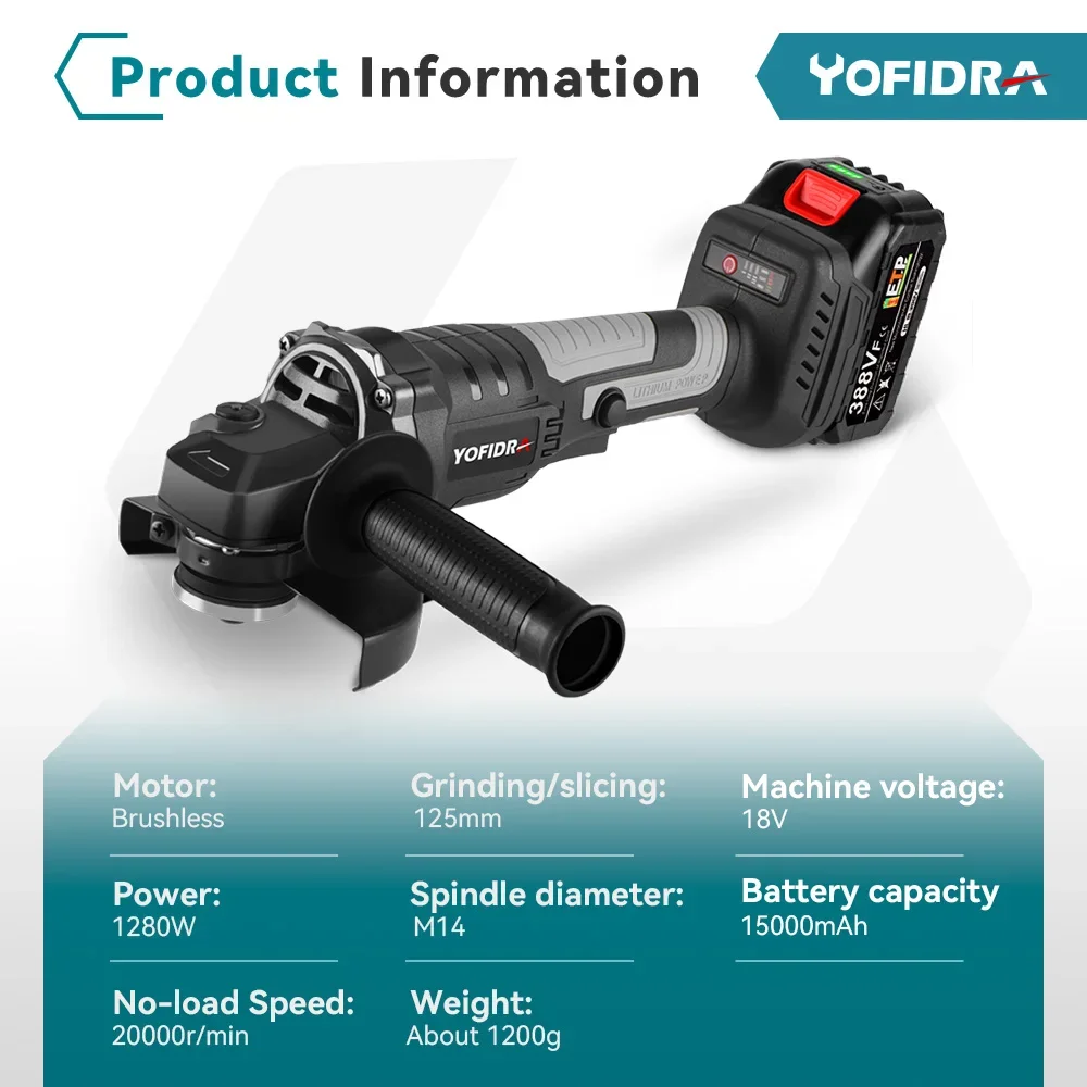 Yofidra 125MM Brushless Electric Angle Grinder M14 3 Gears Grinding Cutting Polishing Woodworking Machine For Makita 18V Battery