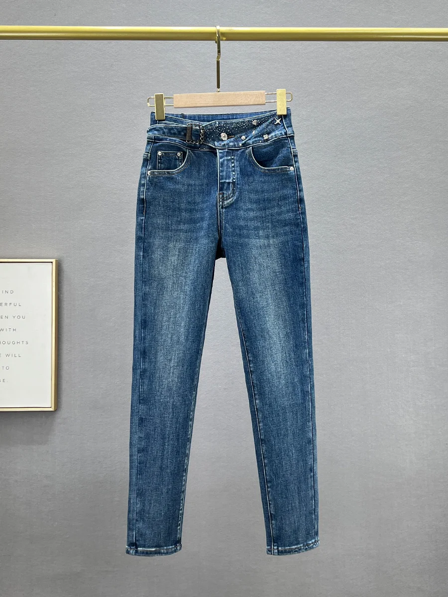 

Женские джинсовые брюки-капри с высокой талией, облегающие, модные, новинка осени 2024, с эластичным поясом, из хлопкового стрейч-денима, длинные