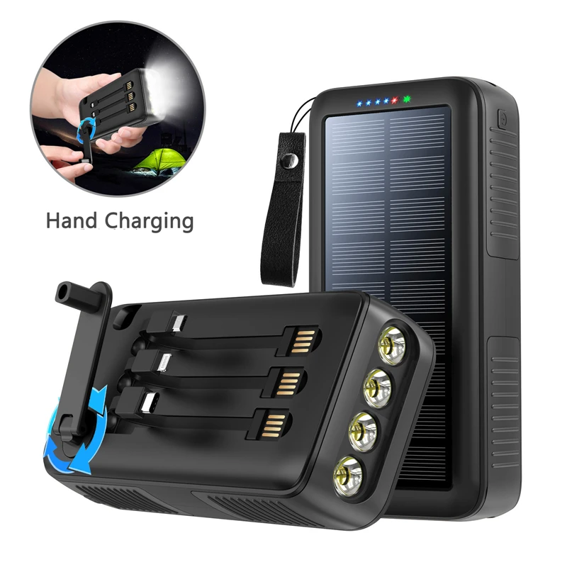 

Hand Crank Solar Power Bank 61200mAh Built in Cable Fast Charger Powerbank for iPhone 13 Huawei Xiaomi Poverbank with Flashlight