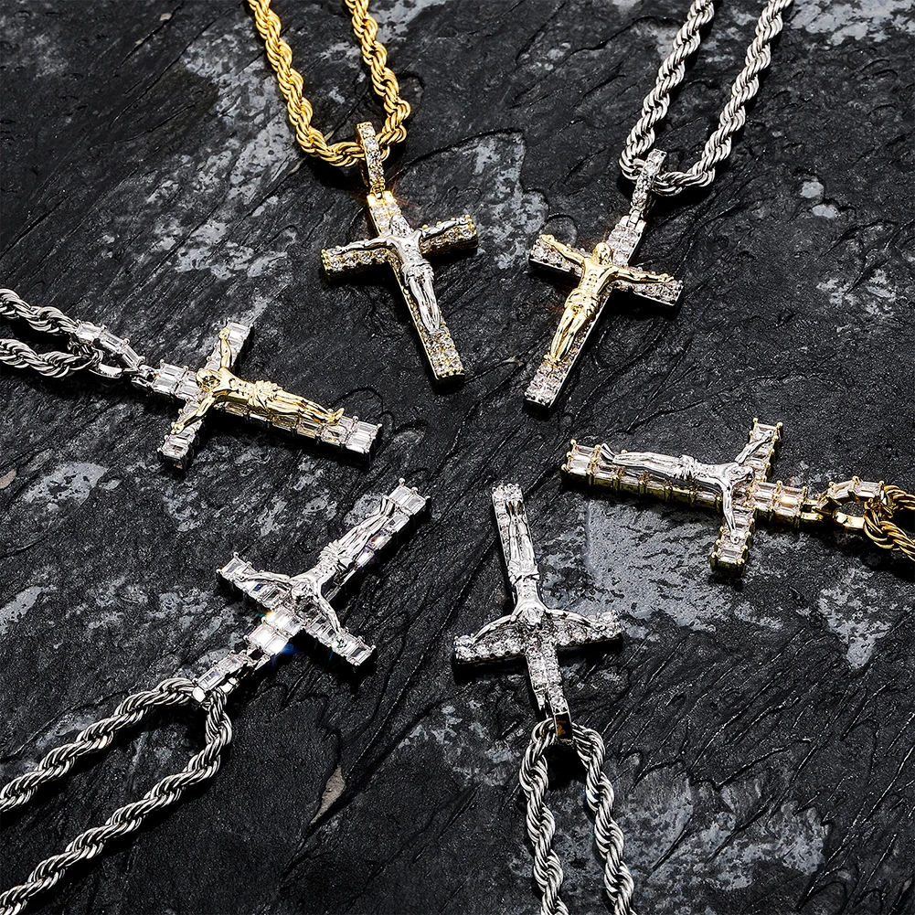 TOPGRILLZ Religious Jesus Cross Pendant Necklace Iced Out Baguette/Round Cubic Zirconia Chains Prayer Baptism Gifts