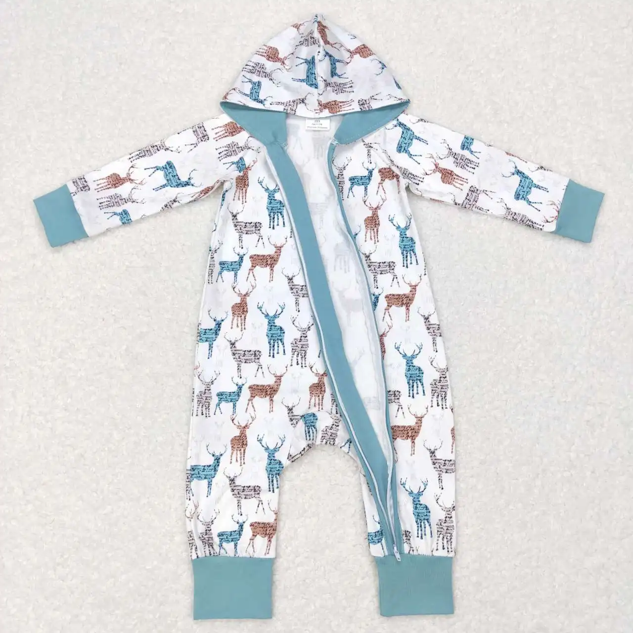 Wholesale hot sale newborn toddler children's clothing new rompers Deer white and green hooded zip-up long-sleeved onesie romper