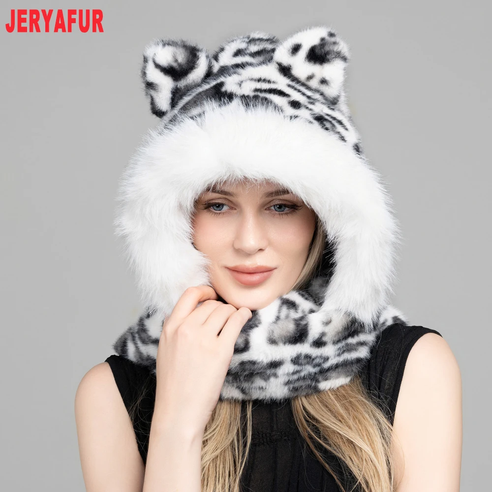 Women Leopard Faux Fur Hooded Scarf, Integrated Hat Scarf with Pom‑poms, Warm Winter Neck Warmer, 55‑60cm Head Circumference