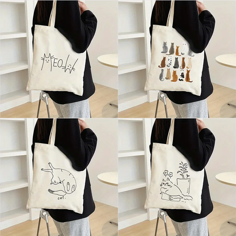 

Whimsical Cat Illustration Canvas Tote Handbag - Fashionable, Stylish Spacious Bag for Cat Enthusiasts, Women, and Gift-Givers