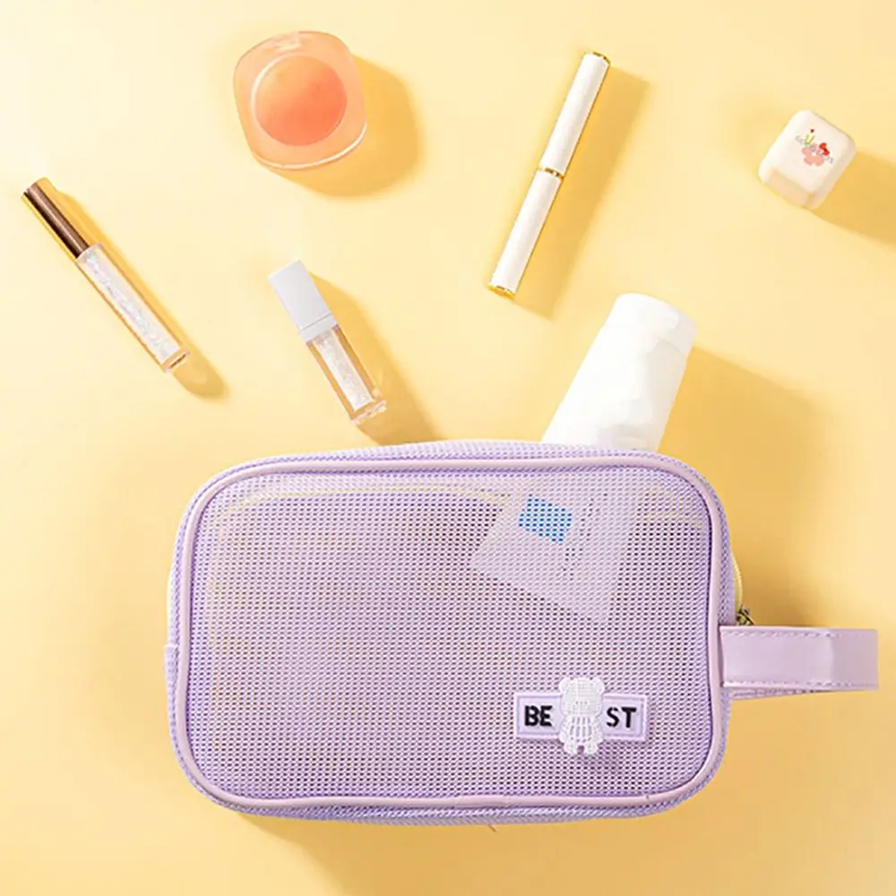 Durable Mesh Makeup Bag Large Capacity With Handle Cosmetic Bag Zipper Portable Travel Organizer
