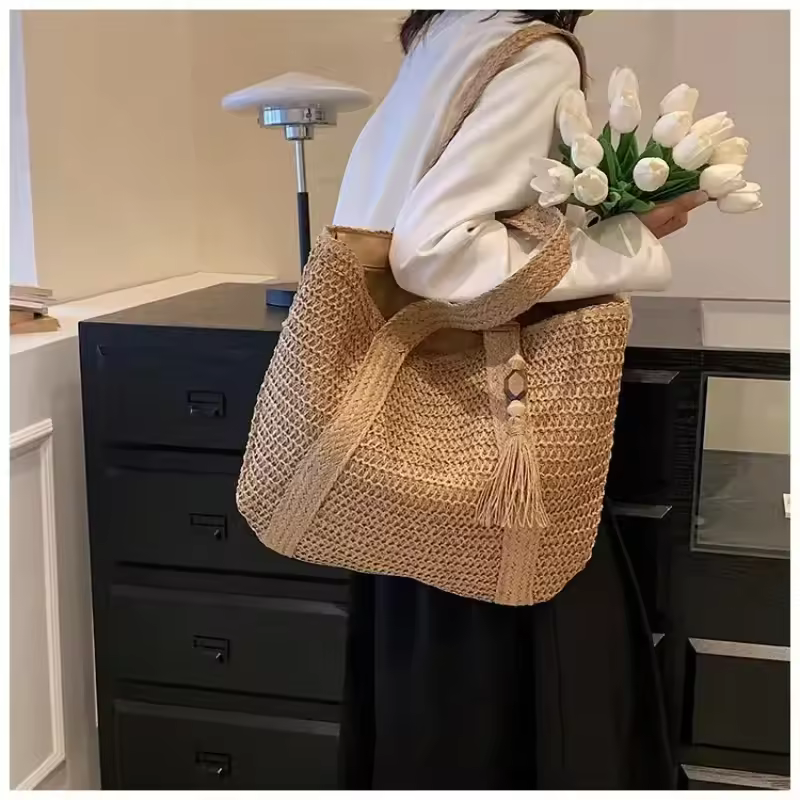 Fashion Straw Summer Large Capacity Tote Bag Women Shoulder Bag Handmade Woven Bag Fresh Rural Handheld Grass Woven Women Bag - AliExpress 