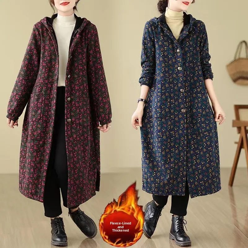 

Retro Floral Print Warmth Windbreaker Jaet Women's Autumn Winter Loose plus Size Fce Lined Thi Long Over-Knee Hooded Coat