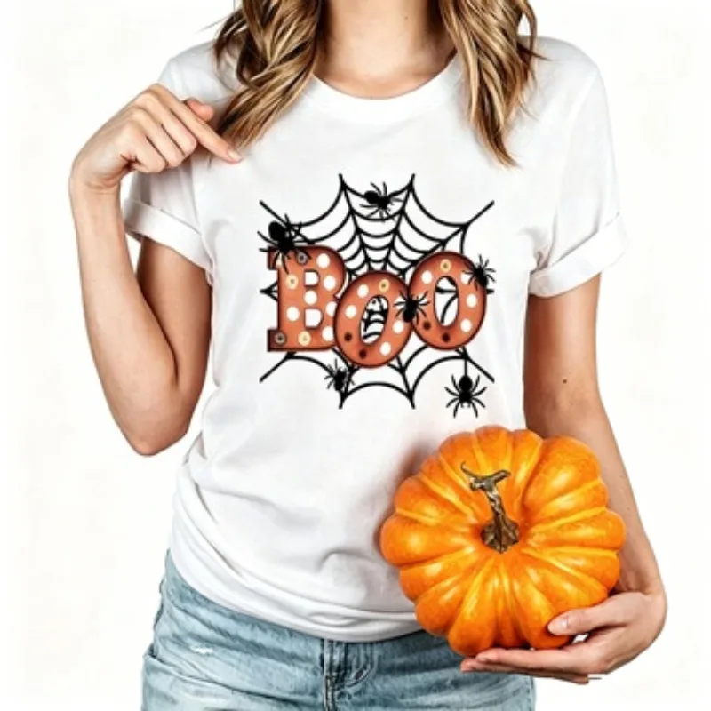 Women's Boo Spider Pumpkin Printed T-shirt Hippie T-shirt Retro Halloween Witch Pattern T-shirt Horror Season Round Neck Top