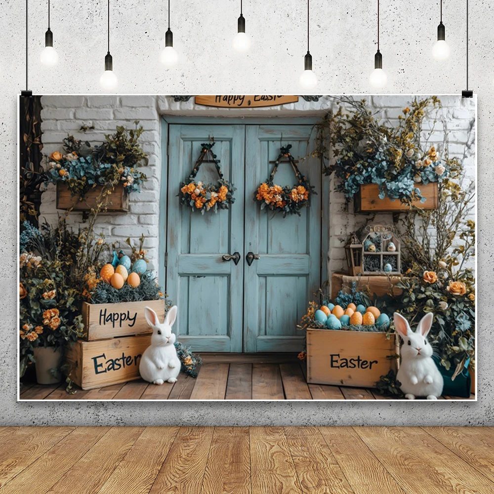 Happy Easter Photography Backdrop Blue Wooden Door Rabbit Eggs Flowers Decor Kids Spring Easter Party Portrait Photo Background