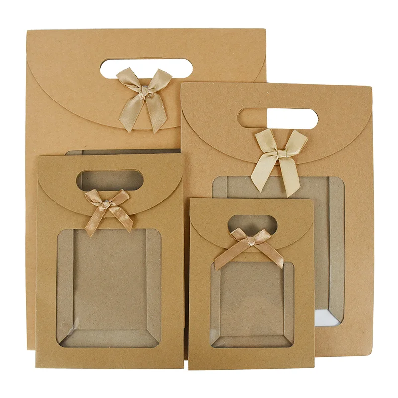 2pcs Kraft Paper Portable Gift Bags Multi-Size Candy Gift Packaging Box with Clear Window Wedding Favors Birthday Party Supplies