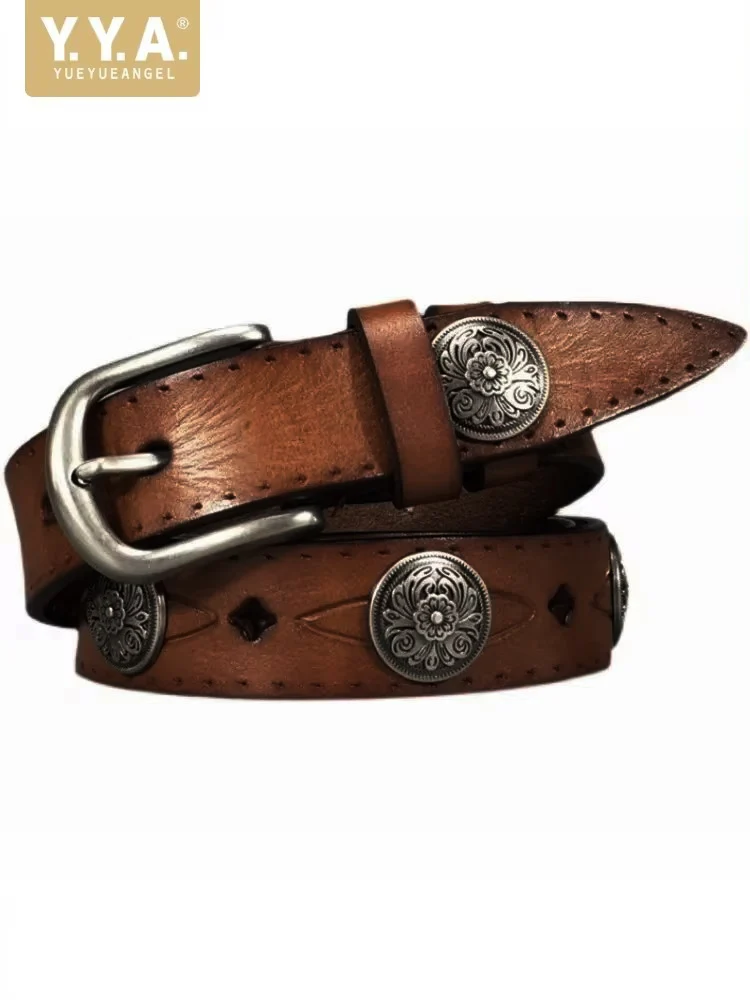 Women Vintage Rivets Cowhide Genuine Leather Belt Ladies Width 2.8cm Casual Strap For Pants Pin Buckle Soft Leather Belt