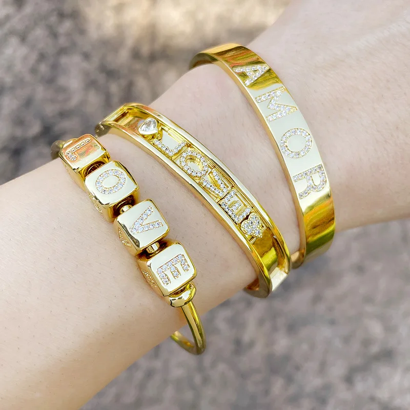 

Customized Letter Bracelet Cuff Alphabet Bracelets Gold Plated Cuff Initial Beads Zirconia Open Bangle Girls Birthday's Gifts