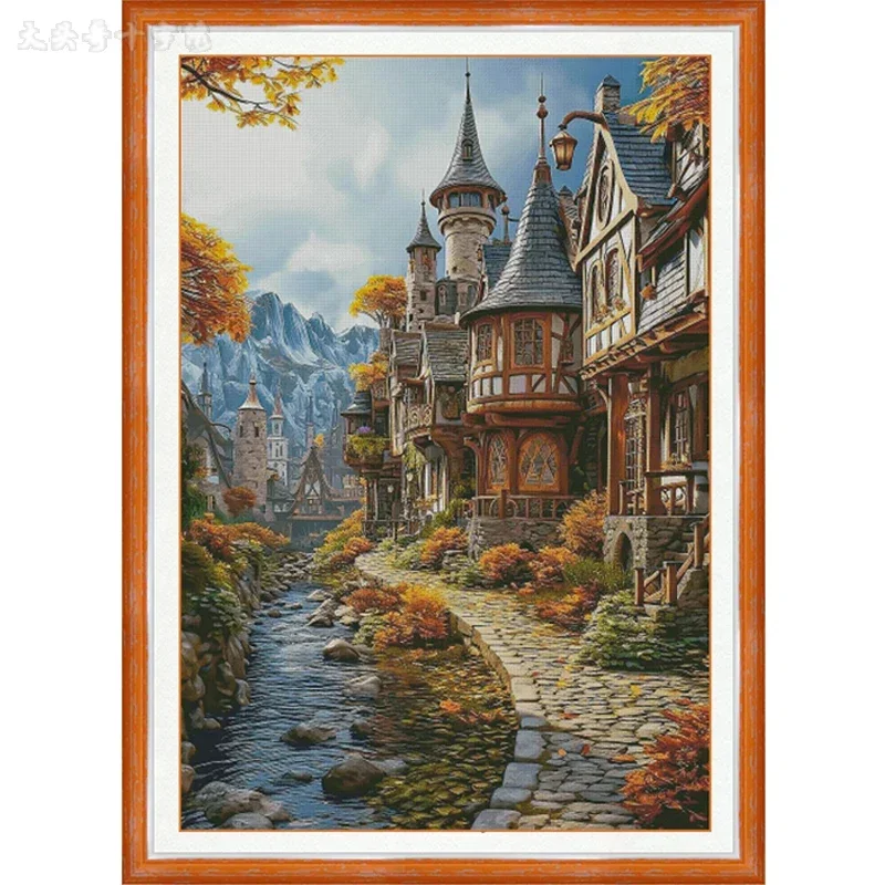 Stamped Cross Stitch Kit 11CT 14CT 16CT Printed Canvas Cotton Threads DIY Embroidery Home Wall Decor[ZZ5555-Fairy Tale Village]