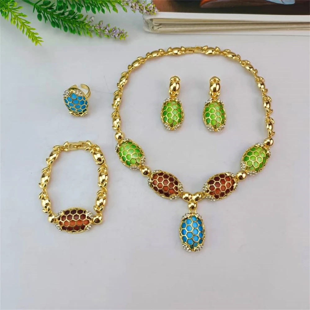 EMMA Women Trendy Colorful Stone Jewelry Set Gold Plated Ladies Fashion Necklace Bracelets Earrings Ring For Daily Wear