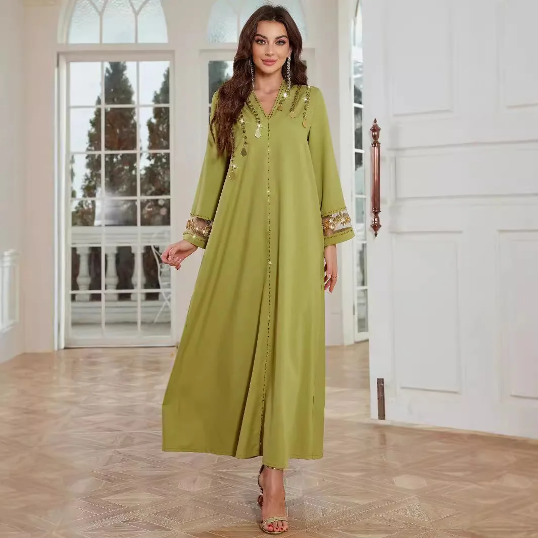 Fragrância de outono verde BA4153 vestido de renda de cânhamo enferrujado costurado à mão com diamante