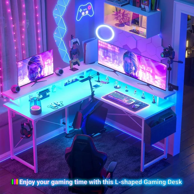 L Shaped Computer Desk with Power Outlets, Gaming Desk L Shaped with LED Lights, Corner Desk with Storage Shelves