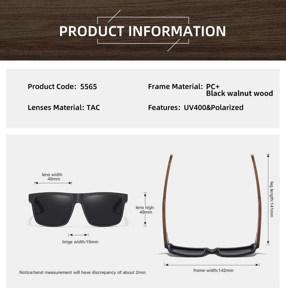 GM Neuheiten Schwarze Holz-Polarisierte Sonnenbrille für Herren Bambus-Sonnenbrille Rote UV400-Gläser Modische Fahrsonnenbrille CartonS5565 – Detail 6