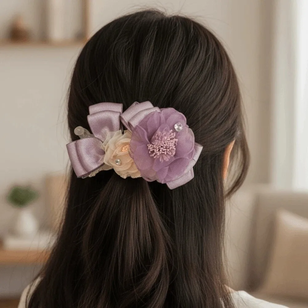 

Fashion Elegant Flower Banana Clip Korean Style Resin Purple Mesh Vertical Clip Polyester Bow Women Ponytail Holder for Gifts