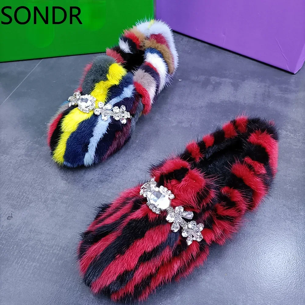 Womens Real Mink Fur Rainbow Colors Loafers Rhinestones Crystal Chain Flats Shoes 5Colors  New 2024