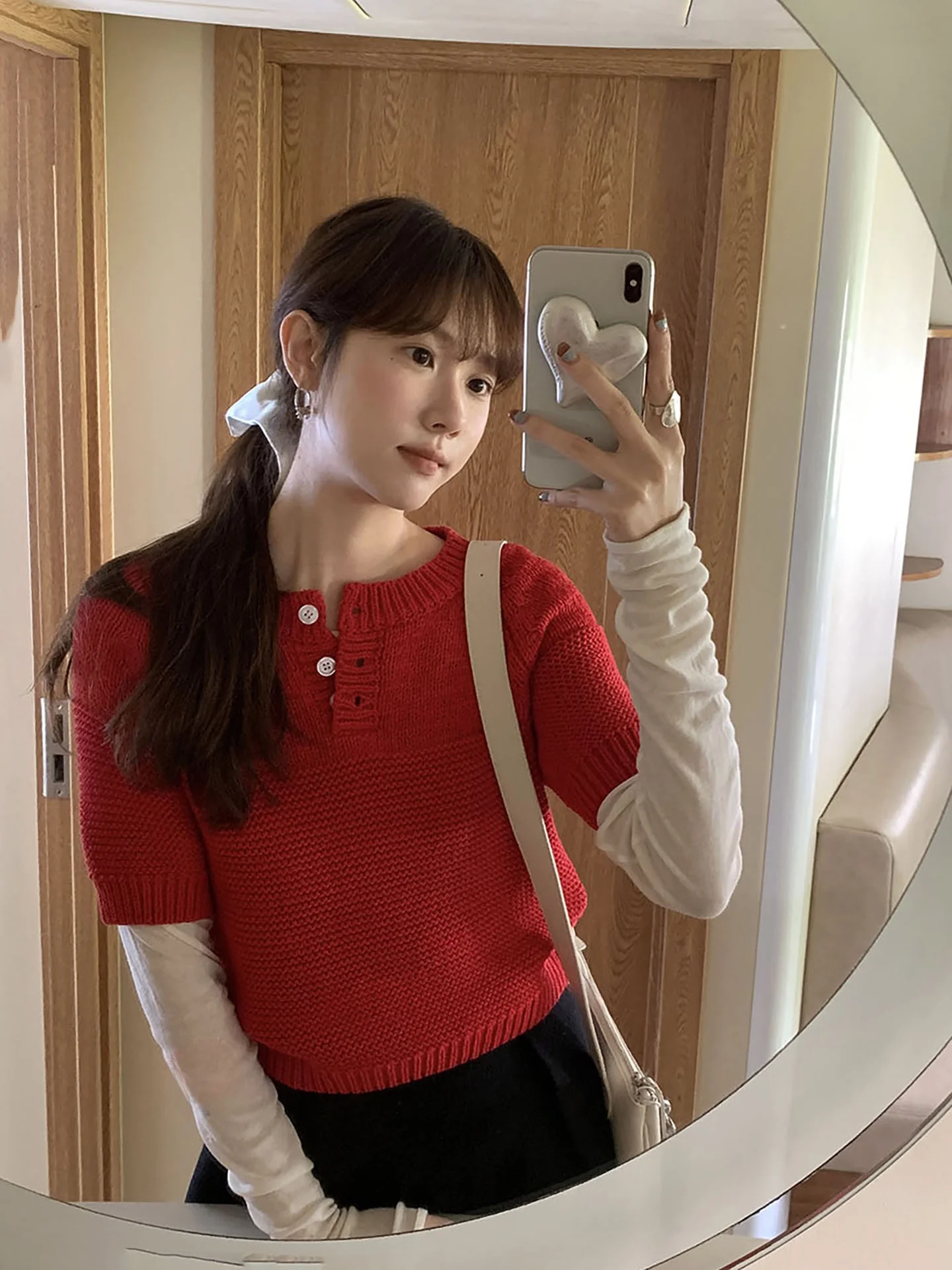 

Корейская футболка в стиле ретро на пуговицах, грубая вязаная вставка с запахом, универсальный женский трикотажный свитер