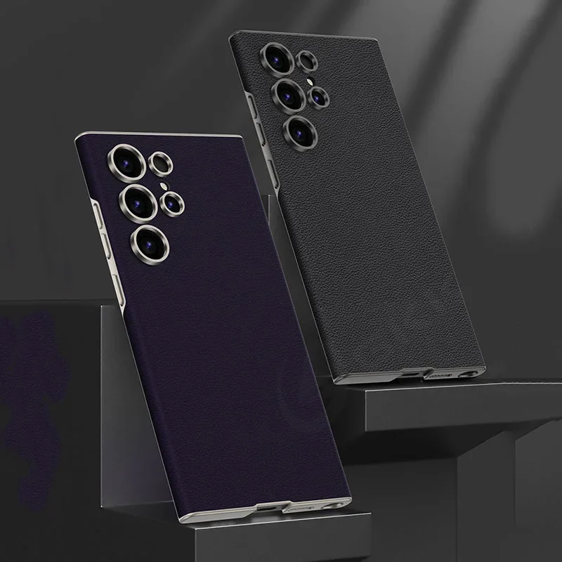 حافظة جلدية PU منحنية فاخرة لهاتف سامسونج جالاكسي S23 الترا غطاء إطاري صلب من البلاستيك لهاتف جالاكسي S24 الترا