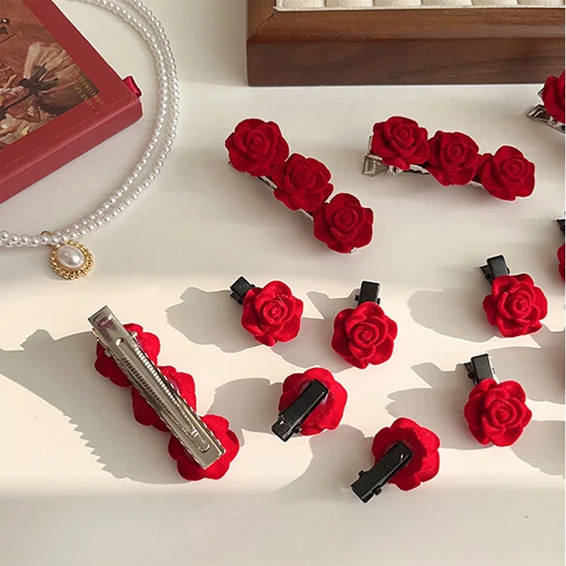 Set Red Velvet Rose Hair Clips For Women Small Rose Hairpins Girls Elegant Hair Clip Pin Barrettes Wedding Hair Accessories